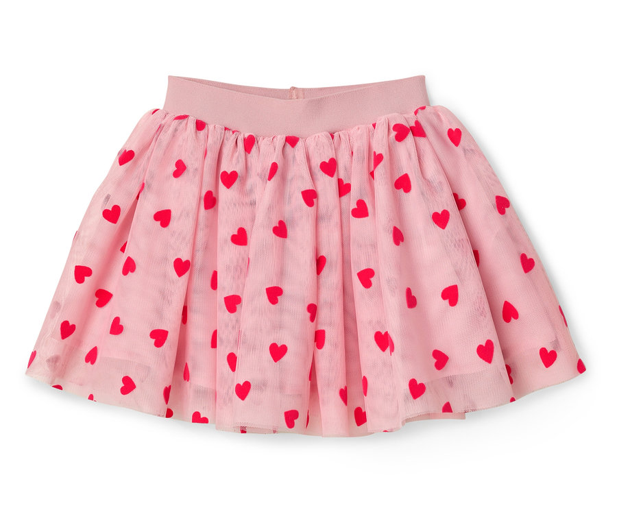 Růžová tylová sukně s červenými srdíčky.