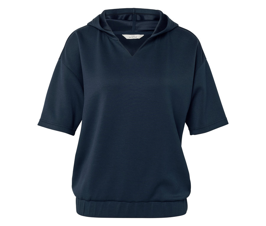 Tmavě modrá mikina s kapucí, krátkými rukávy a elastickým lemem.