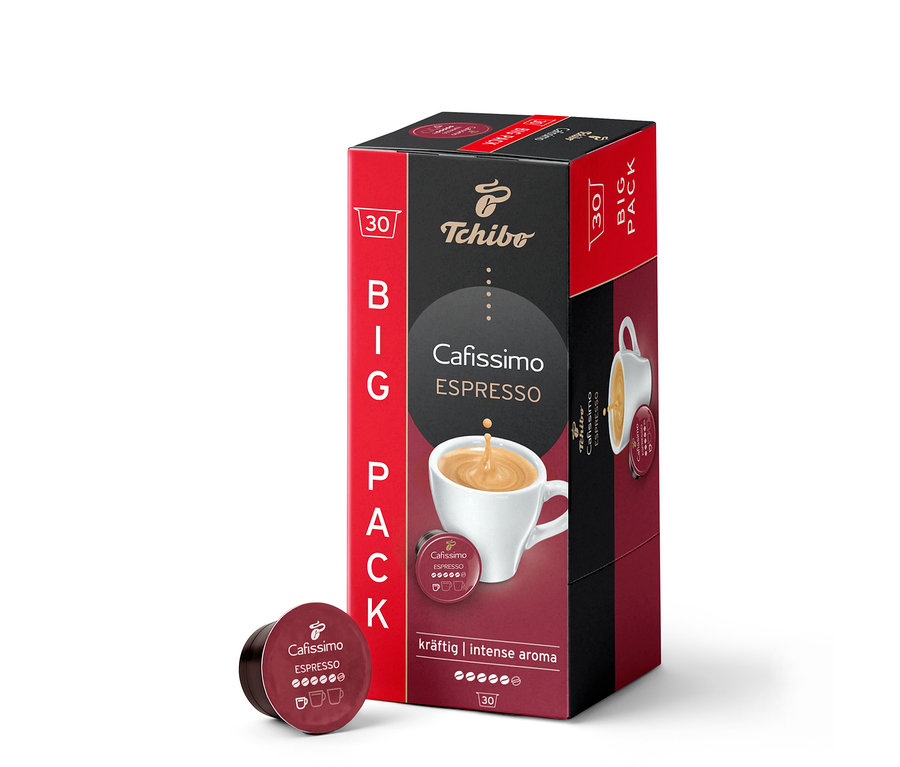 Červeno-černé balení Espresso silné s 30 kapslemi, zobrazující bílý šálek espressa, stojí vedle jedné tmavě červené kapsle.