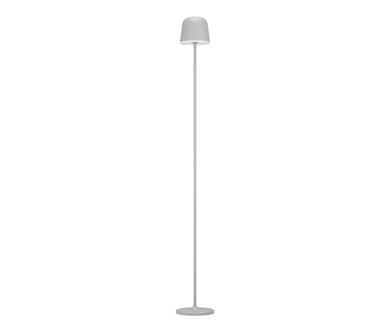 Šedá stojací lampa s kulatou základnou, tenkou tyčí a zvonovitým stínidlem na bílém pozadí.