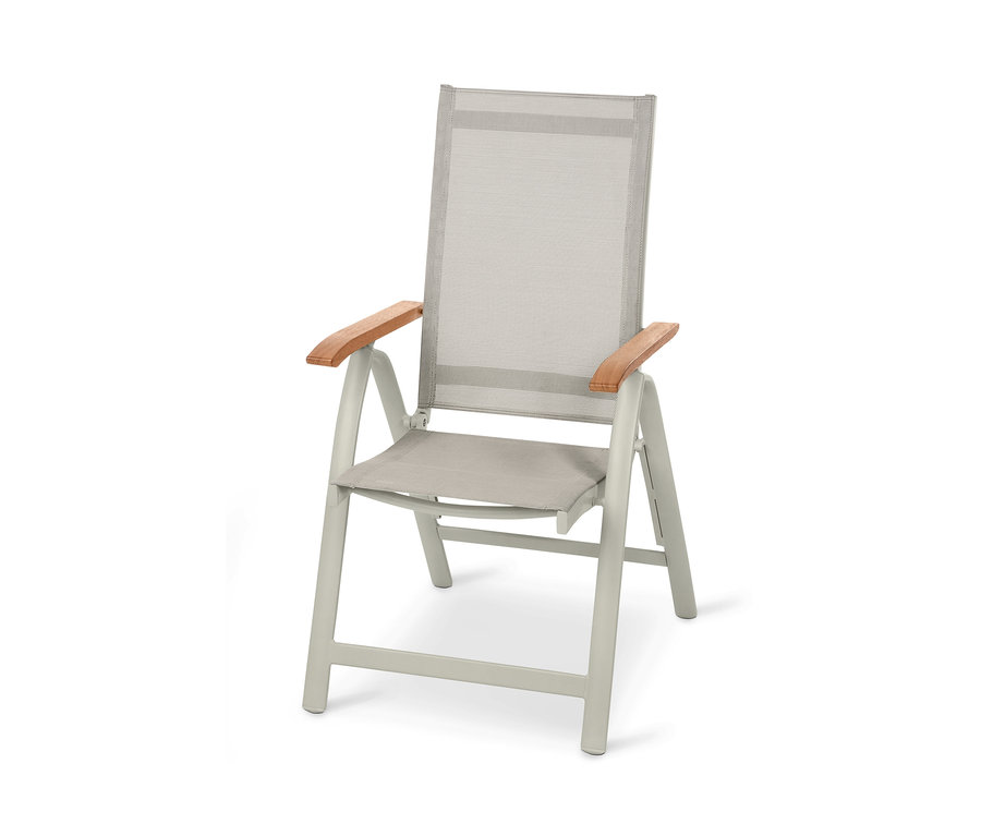 Skládací židle s vysokým opěradlem »Liska« s nastavitelnou opěrkou zad z hliníku a textilu.