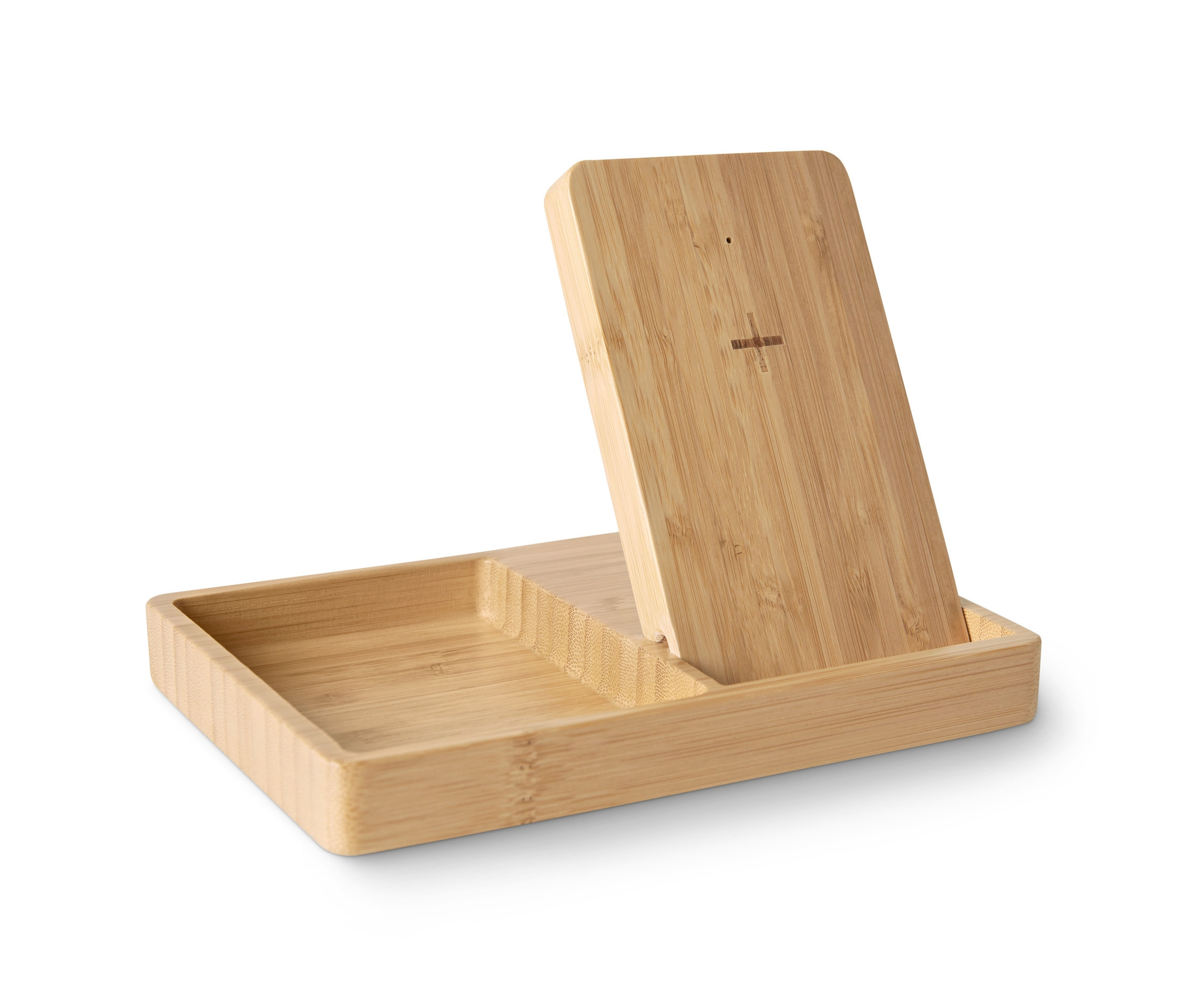 Bezdrátová nabíjecí stanice s odkládací plochou z bambusu.