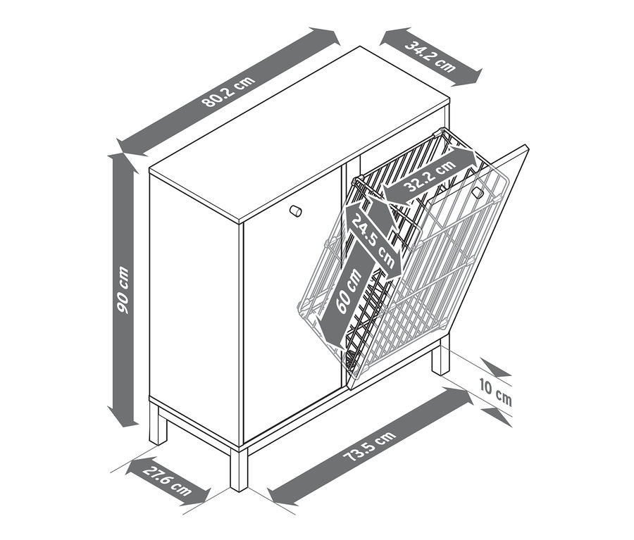 Ilustrace rozměrů regálu s košem na prádlo.