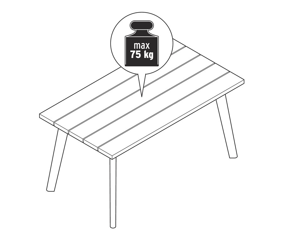 Nákres jídelní soupravy s maximální nosností 75 kg.