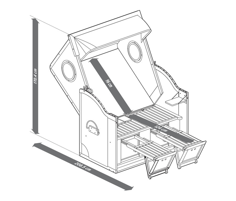 Nákres plážového koše prémiové kvality XL se 2 výklopnými stolky a uvedenými rozměry.