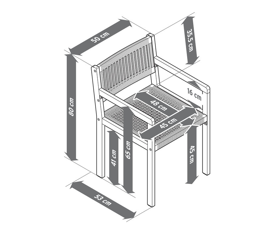 Nákres jídelní židle s textilním výpletem zobrazuje rozměry: výška 80 cm, šířka sedáku 48 cm, hloubka sedáku 45 cm.