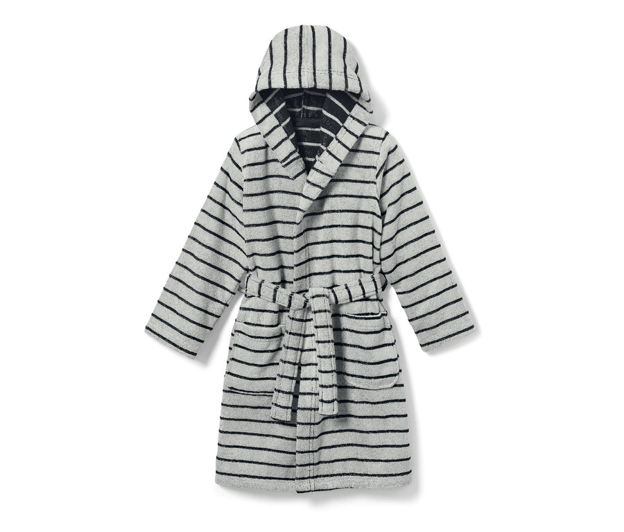 Dětský župan se šedými a černými pruhy, s kapucí a páskem.