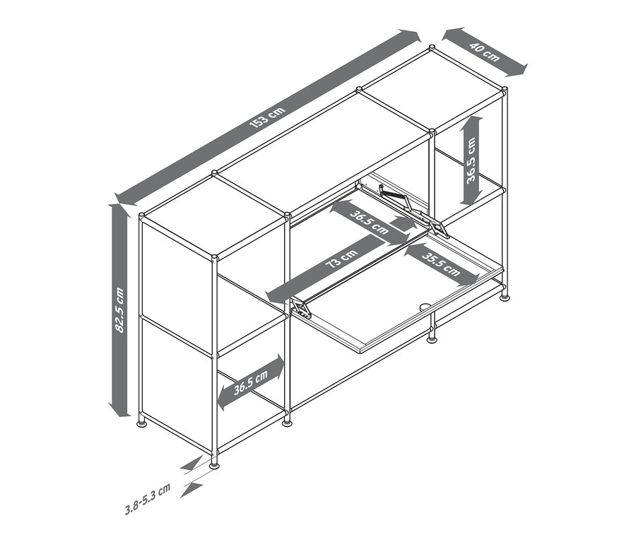 Rozměry odkládací skříňky »CN3« se 2 výklopnými dvířky.