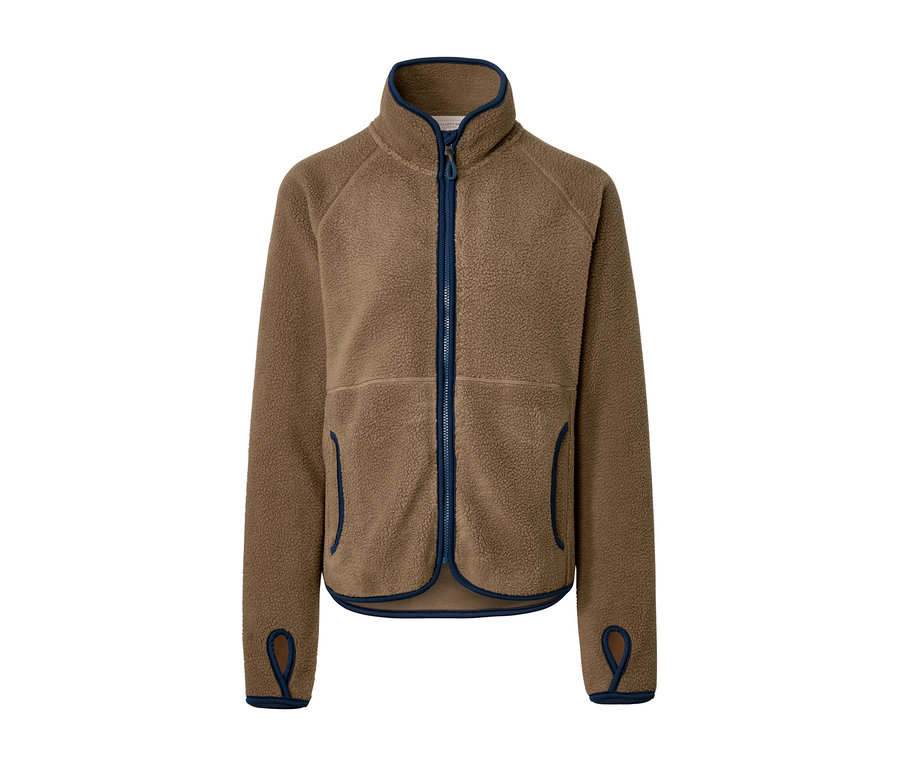 Hnědá plyšová bunda s modrým zipem a lemováním.