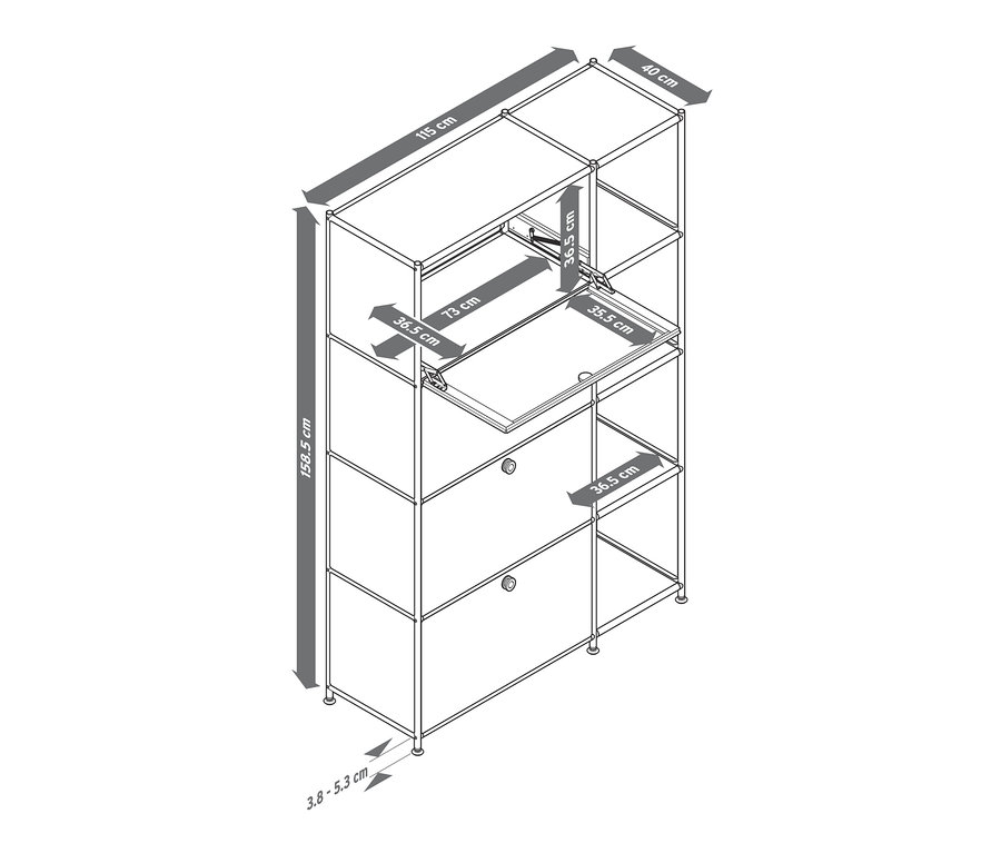Nákres kovového regálu CN3 se 4 výklopnými dvířky s vyznačenými rozměry.