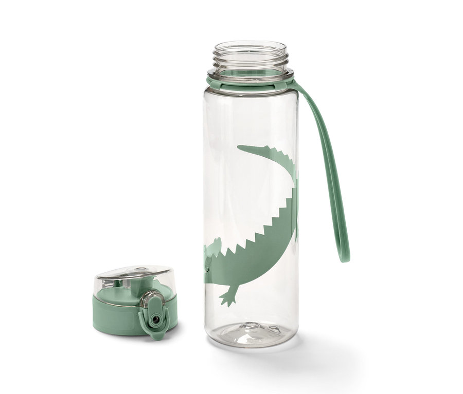 Béžová láhev na pití s potiskem krokodýla a zeleným víčkem vedle.