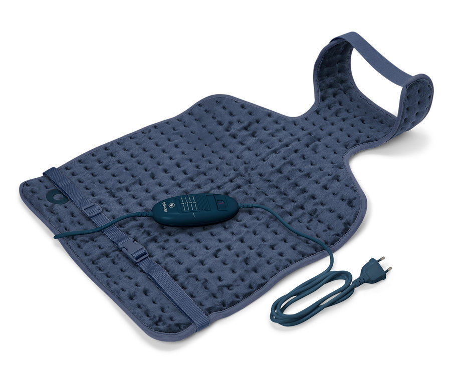 Modrá vyhřívací podložka s ovladačem a napájecím kabelem.