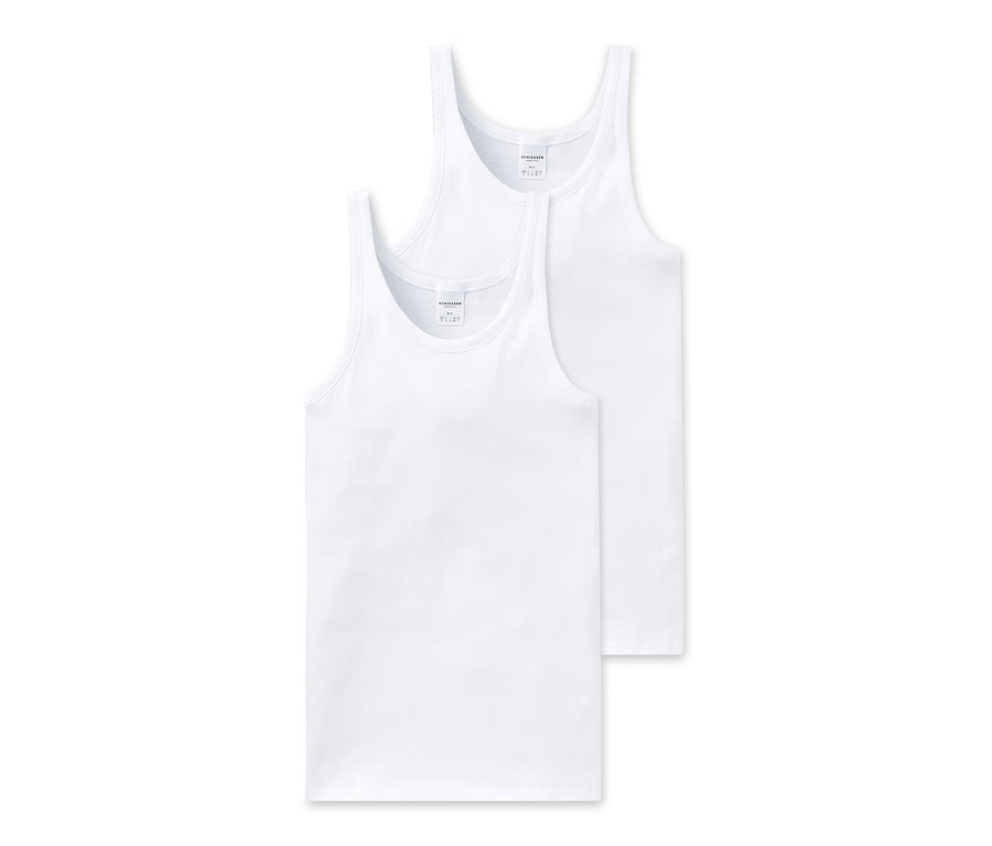 Dvě bílá tílka SCHIESSER z jemného žebrovaného úpletu.