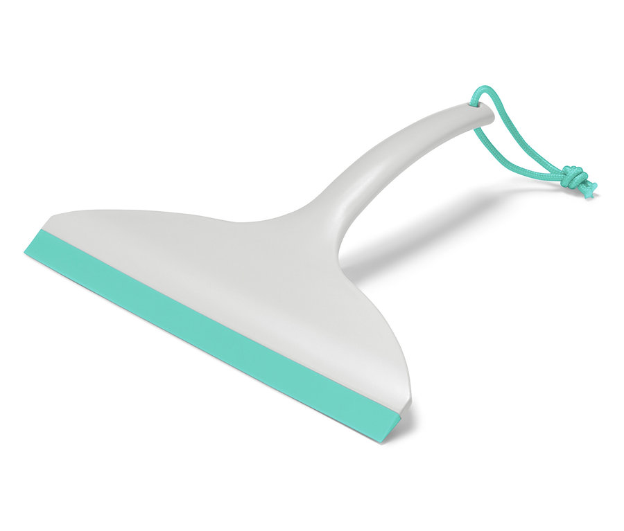 Bílá stěrka s tyrkysovou gumovou lištou a tyrkysovou šňůrkou na rukojeti leží na bílém pozadí.