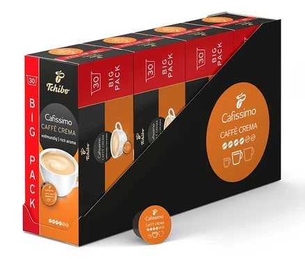 Balení kapslí Cafissimo Caffè Crema. Krabice je černá s oranžovými prvky.