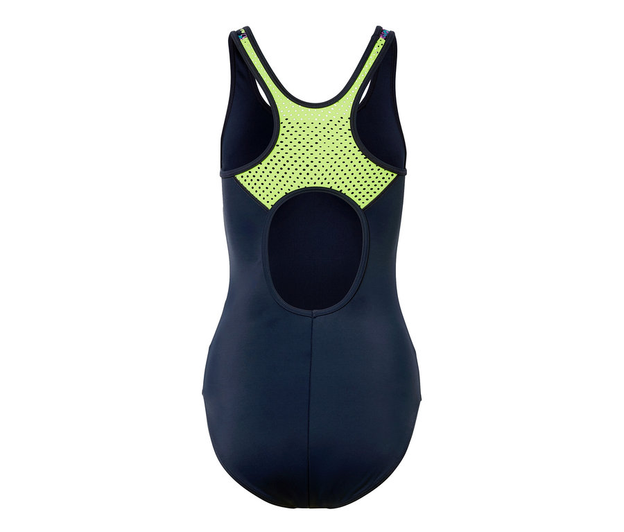 Tmavě modré sportovní plavky s neonově zelenou síťovinou na zádech.