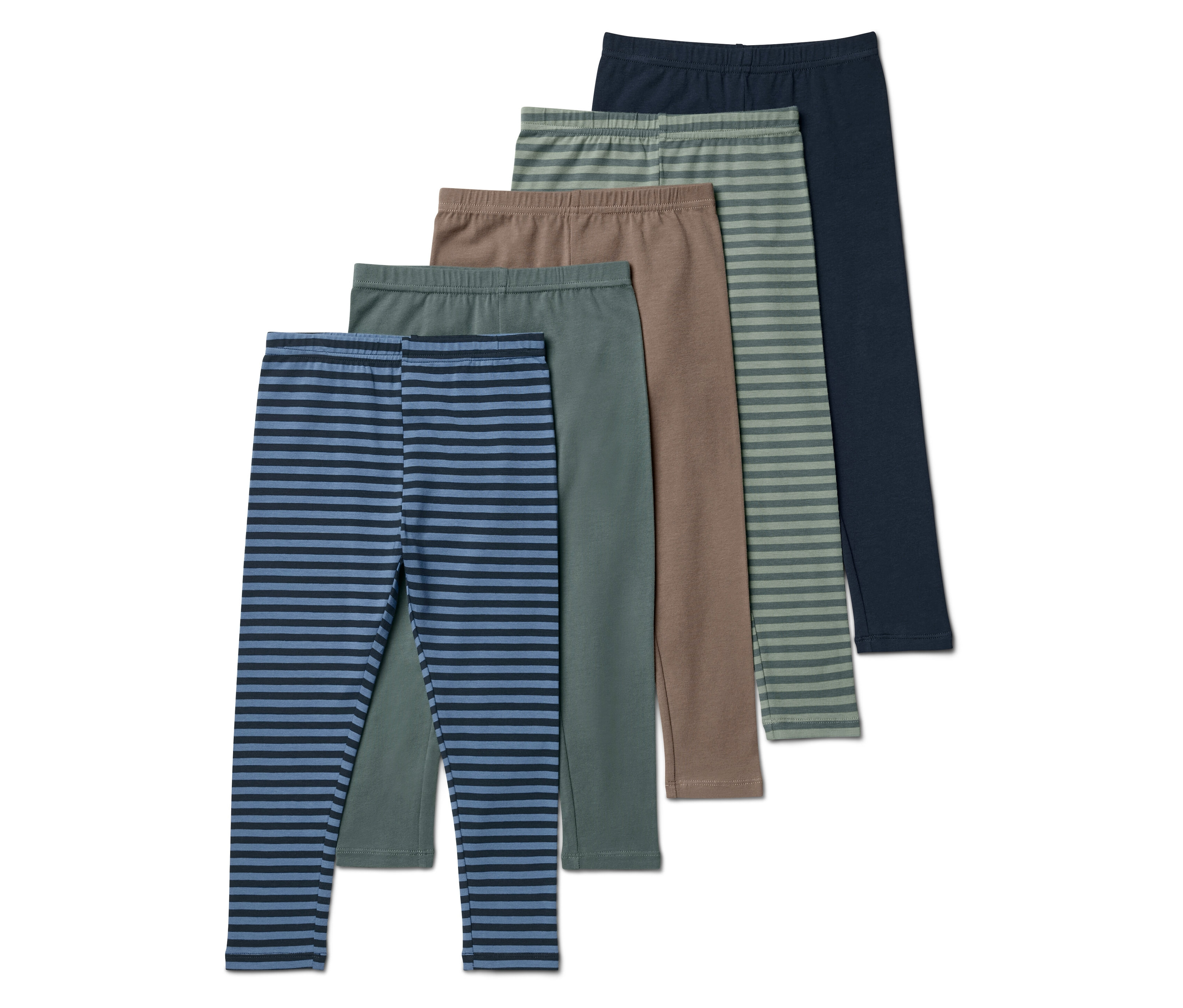 Pětice legín různých barev a vzorů leží vedle sebe na bílém pozadí.