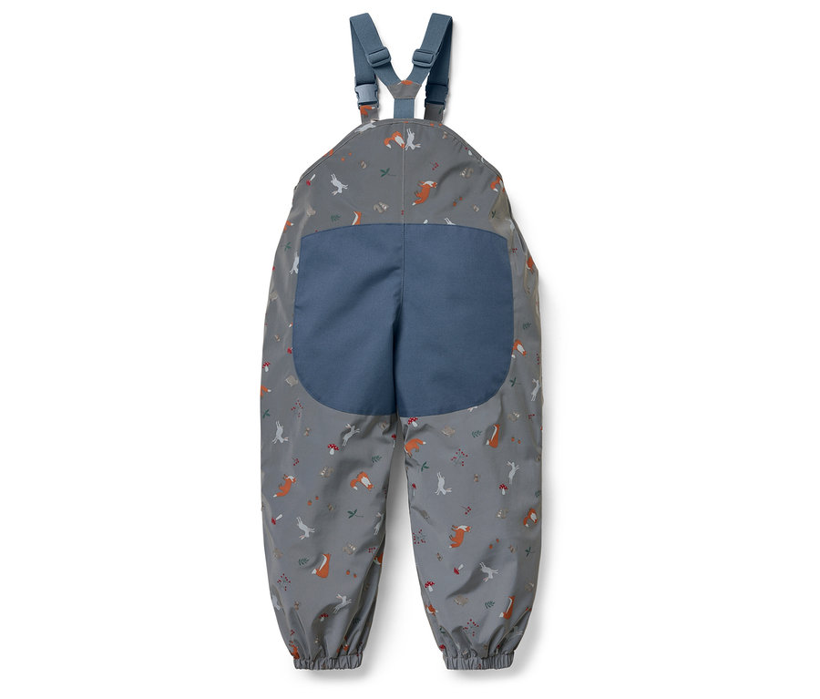 Šedé dětské kalhoty s laclem a potiskem lišek, ptáků a hub.