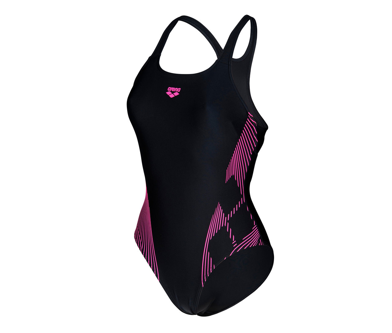 Dámské plavky s podprsenkou arena Feel Lily Swim Pro Back, v černo-růžové barvě.