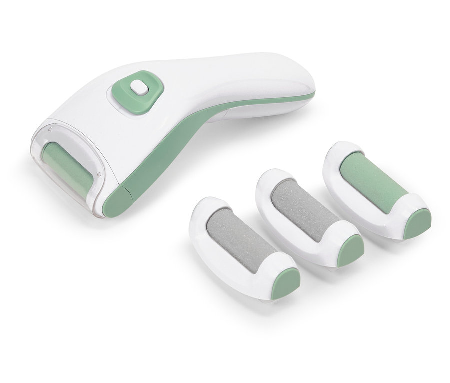 Elektrický odstraňovač ztvrdlé kůže v bílo-zelené barvě se třemi náhradními válečky.