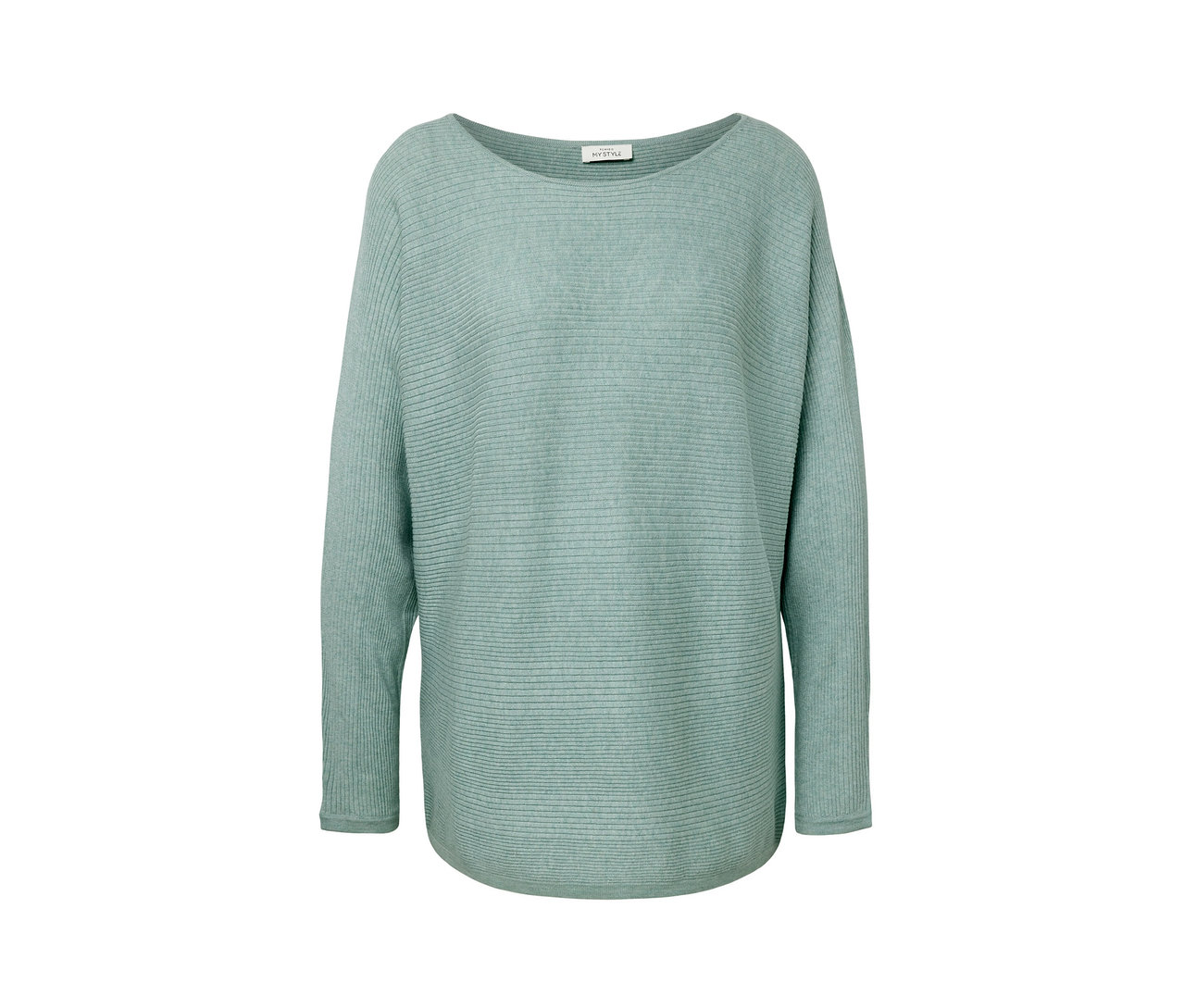 Svetr z jemného úpletu šalvějové barvy.