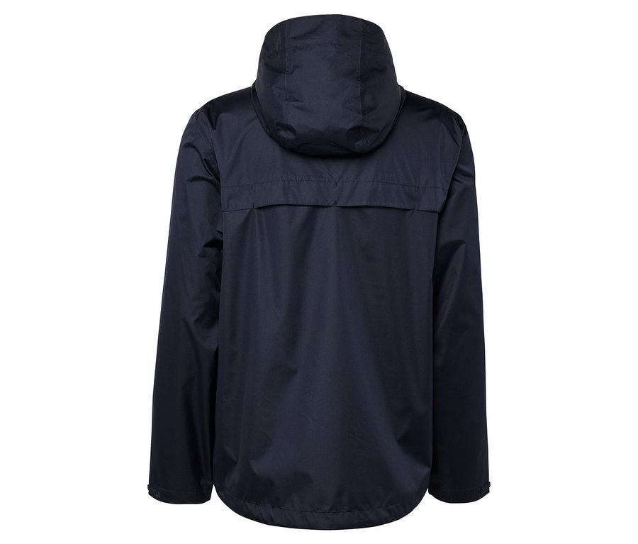 Tmavě modrá bunda s kapucí zezadu.