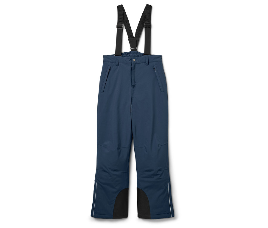 Modré lyžařské kalhoty s černými výztuhami na spodní části nohavic a šlemi.