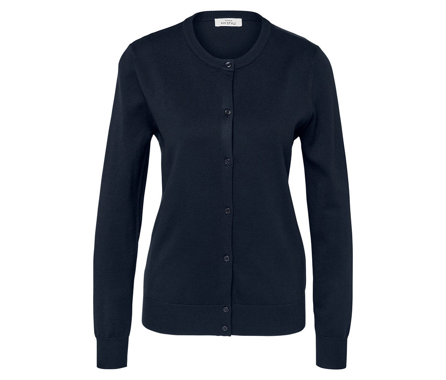 Tmavě modrý kardigan s kulatým výstřihem a knoflíky.