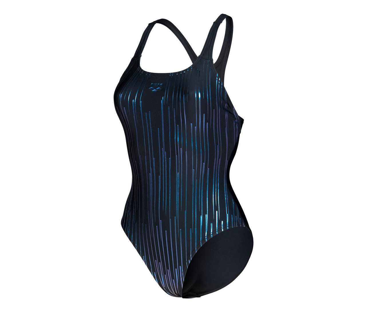 Dámské plavky arena Feel Hyacinth Swim Pro Back s modrými a fialovými pruhy.