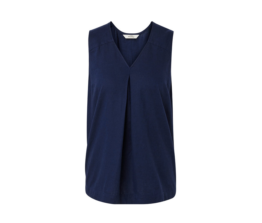 Námořnická modrá lněná halenka bez rukávů.