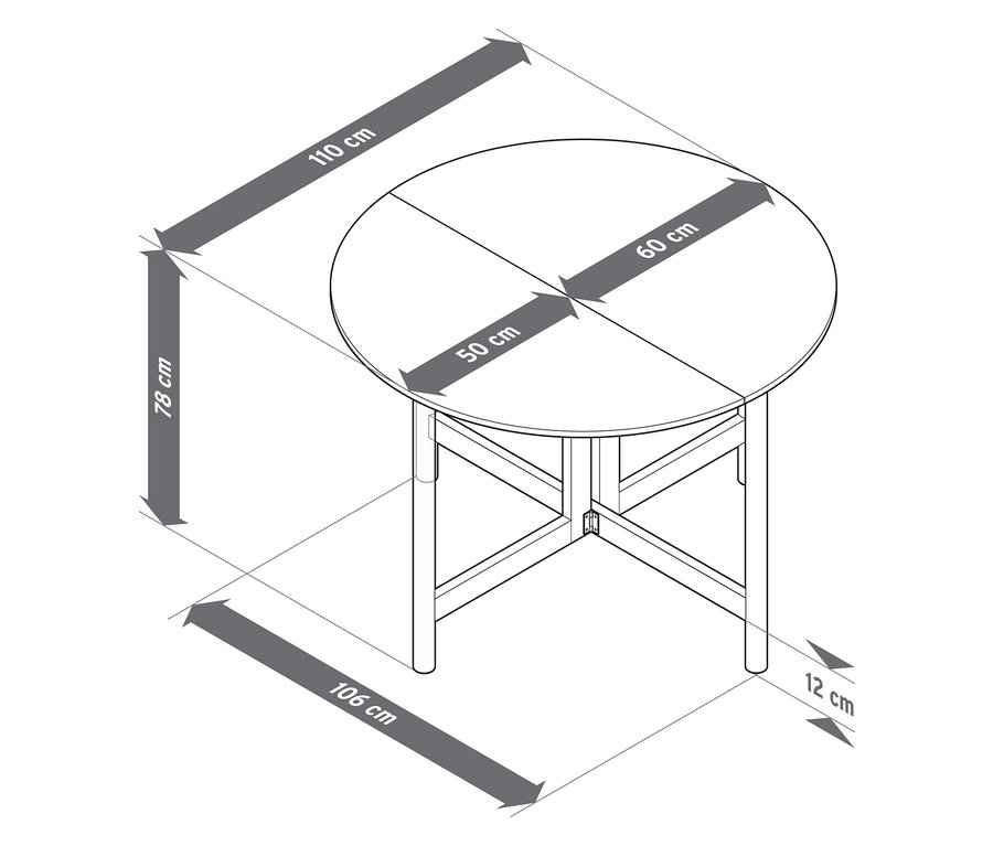 Pohled shora na kulatý stůl s rozměry: 110 cm délka, 78 cm výška, deska stolu 50 x 60 cm, 106 cm šířka a 12 cm vzdálenost.