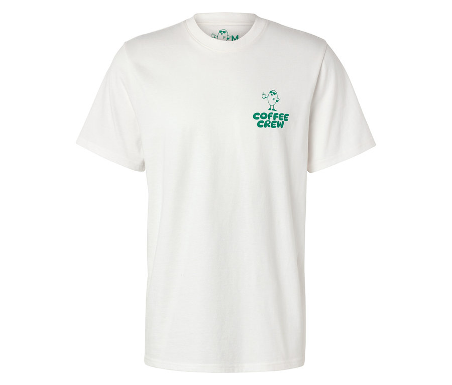 Bílé unisex tričko Coffee Crew s malým zeleným potiskem.