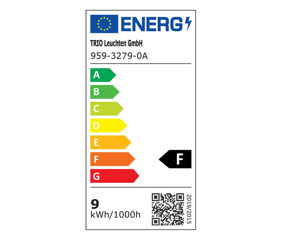 Energetický štítek pro TRIO Leuchten GmbH, model 959-3279-0A, zobrazující třídu energetické účinnosti F a spotřebu 9 kWh na 1000 hodin.