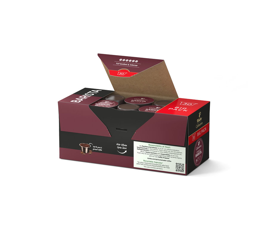 Otevřené hnědé balení s kávovými kapslemi. Na obalu je nápis „BARISTA“ a „30 BIG PACK“.