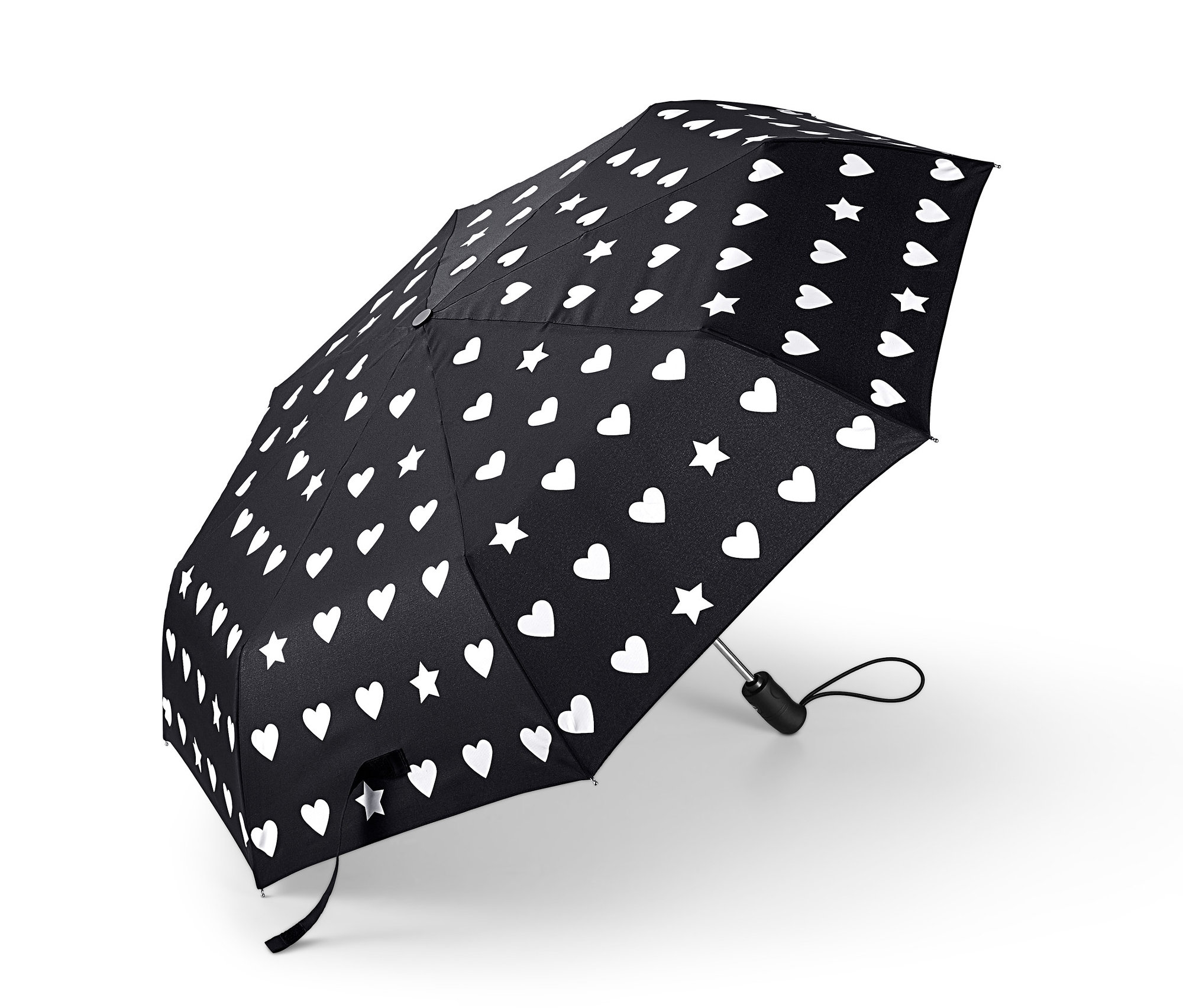 Černý deštník s bílými srdíčky a hvězdami.