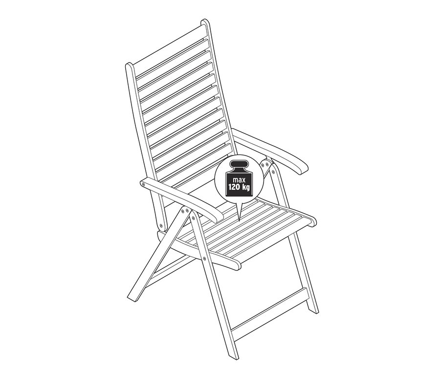 Nákres teakového křesla s vysokým opěradlem nastavitelným do 6 poloh a maximální nosností 120 kg.