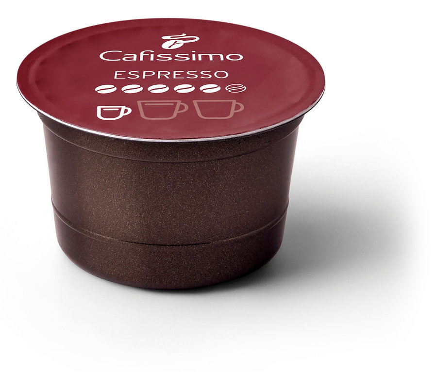 Detail hnědé kapsle Cafissimo Espresso silné s vínovým víčkem.