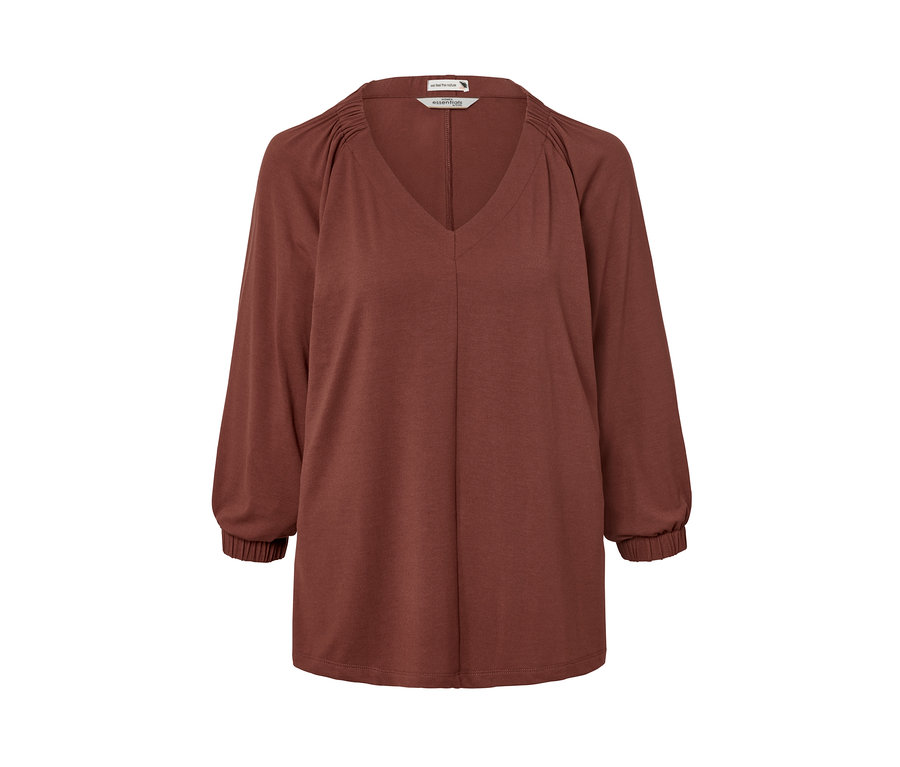 Terakotové tričko s řasením s výstřihem do V a dlouhými rukávy.