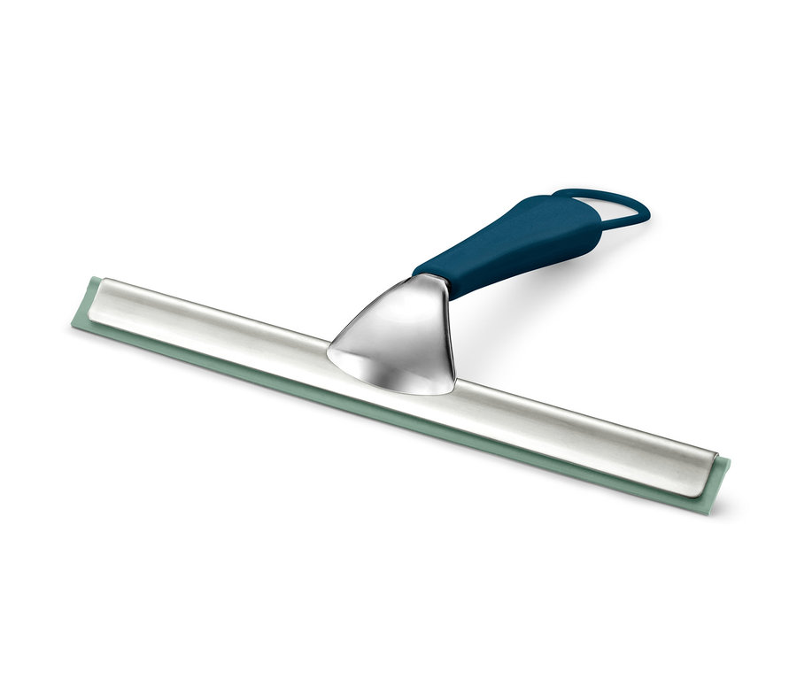 Stěrka do koupelny s modrou rukojetí a stříbrnou kovovou částí.