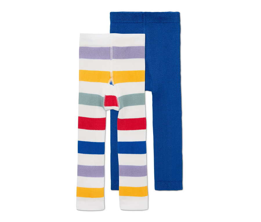 Dvoje termolegíny: jedny s vícebarevnými proužky, jedny modré.