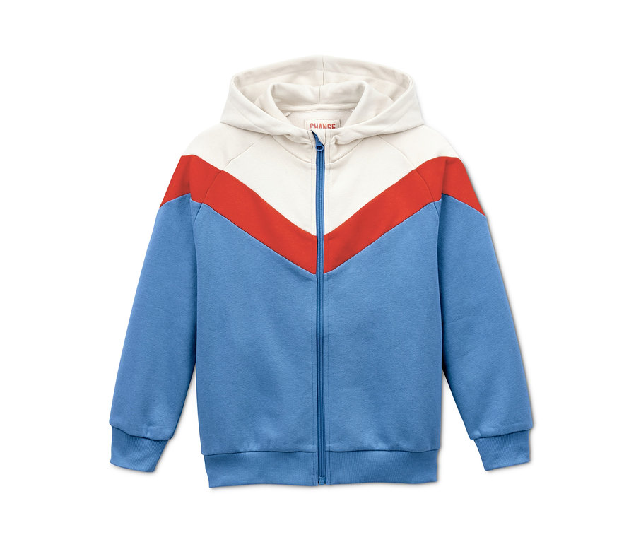 Modrá mikina se zipem a kapucí.