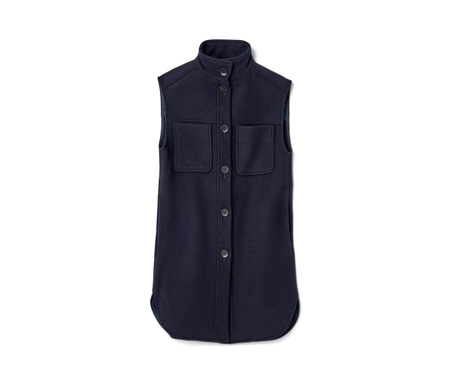 Tmavě modrá kabátová vesta NAH/STUDIO z recyklované vlny s knoflíky a kapsami.