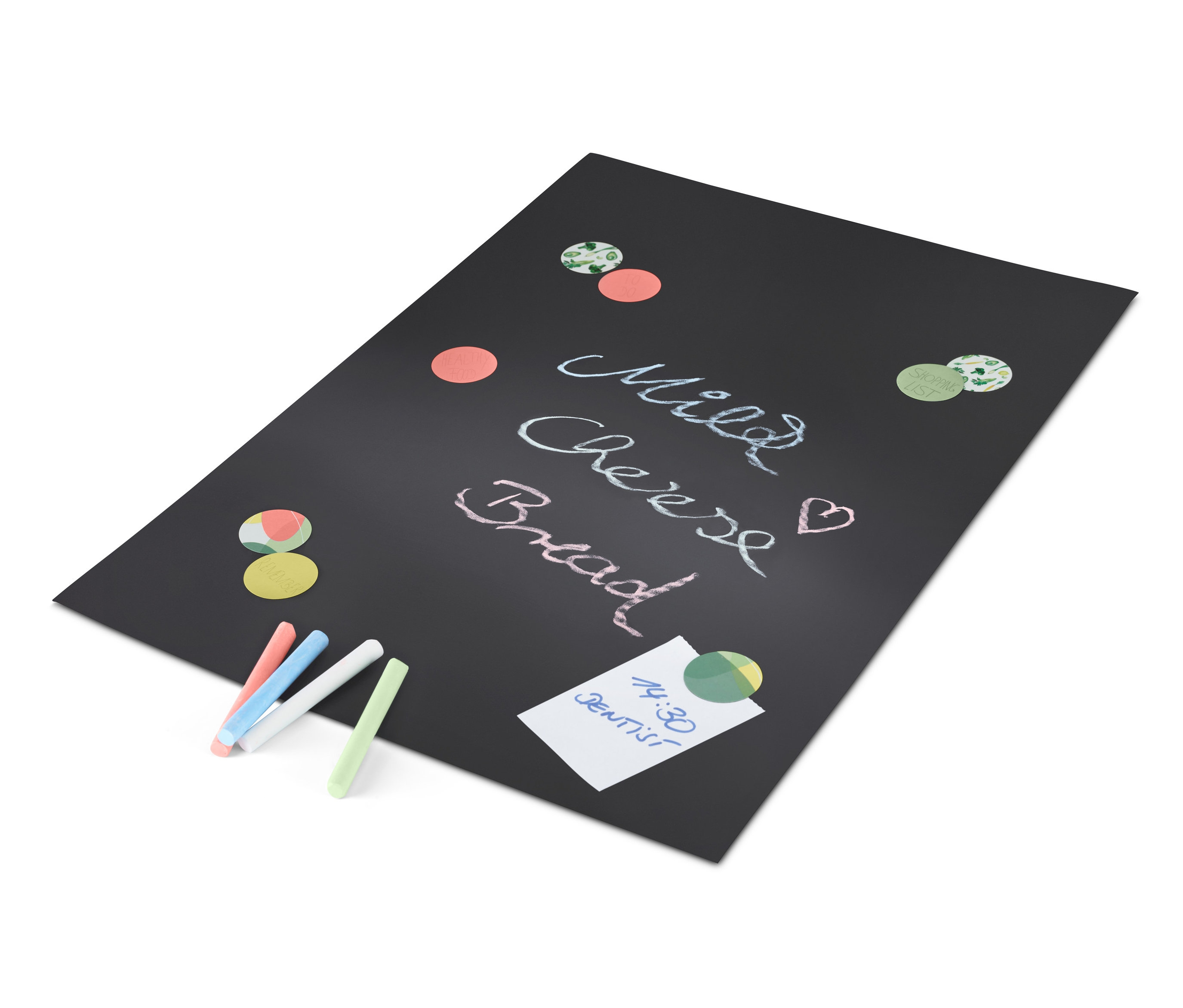 Dvě samolepicí tabule na psaní křídou s nápisy a křídami.