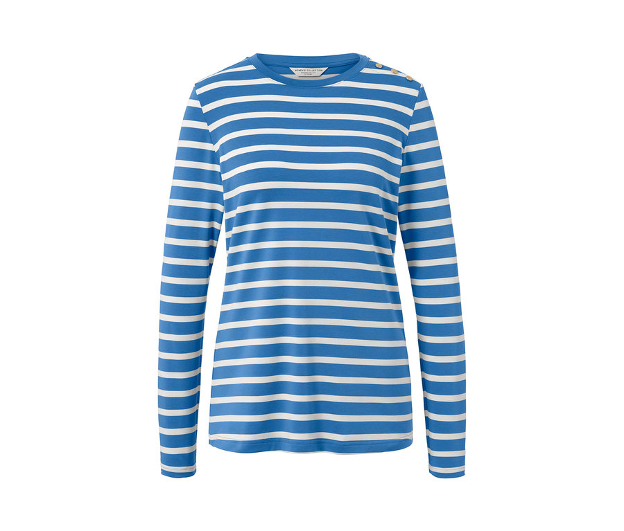 Modro-bílé proužkované triko s dlouhým rukávem.