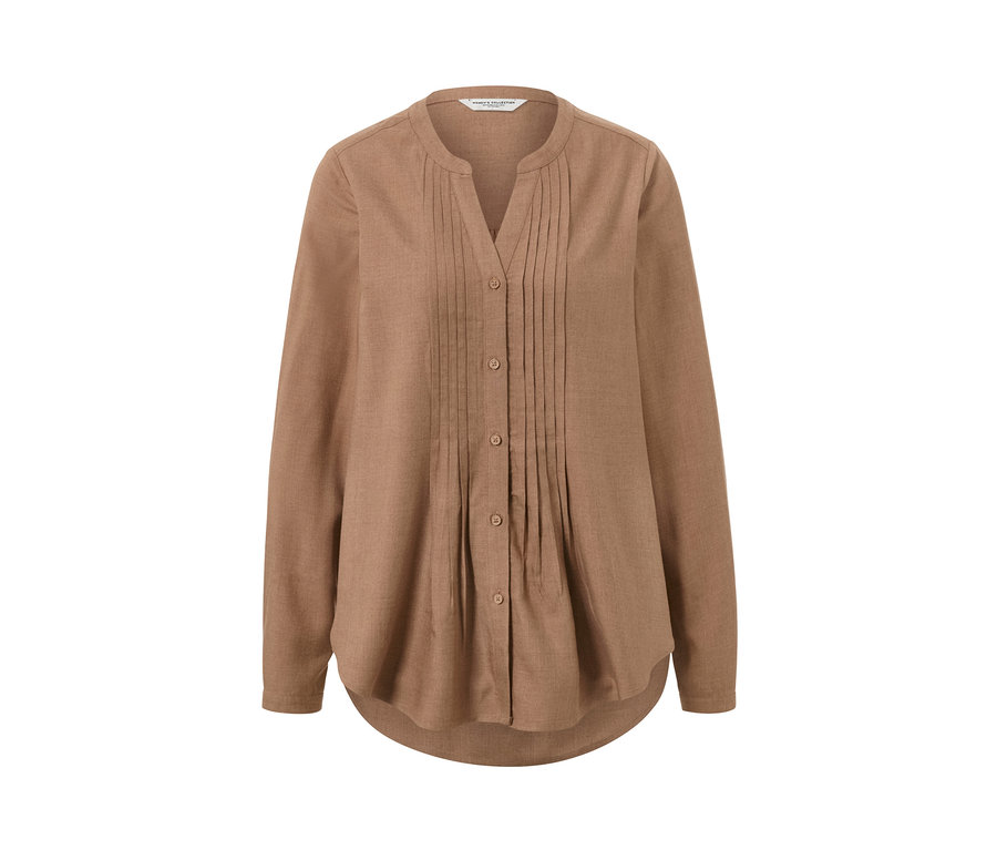 Hnědá tuniková halenka s dlouhými rukávy a knoflíky.