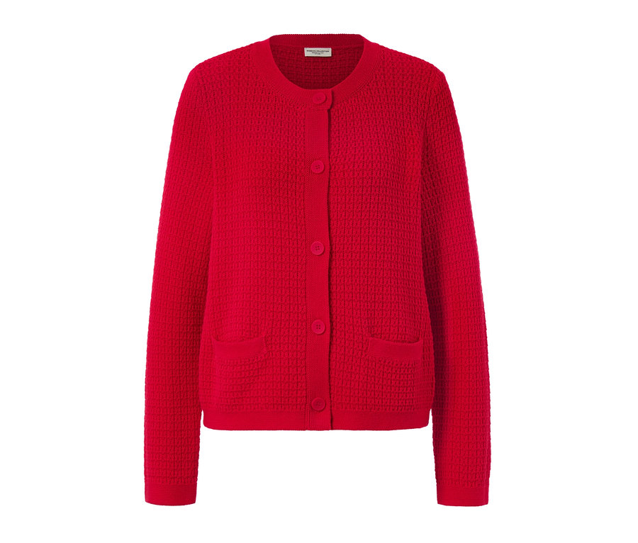 Červený kardigan ze strukturovaného úpletu s knoflíky a kapsami.