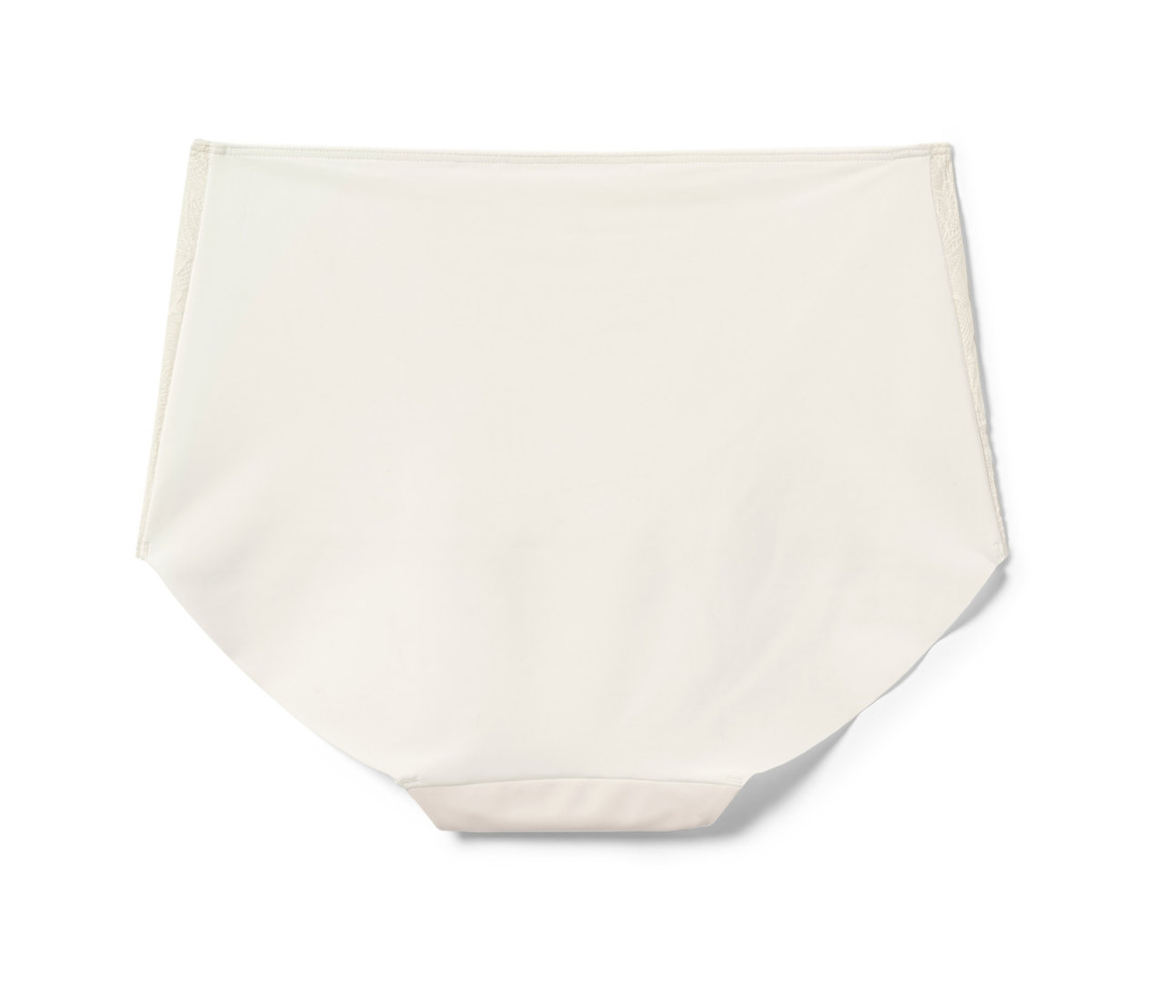 Krémové kalhotky s vysokým pasem leží na bílém pozadí.