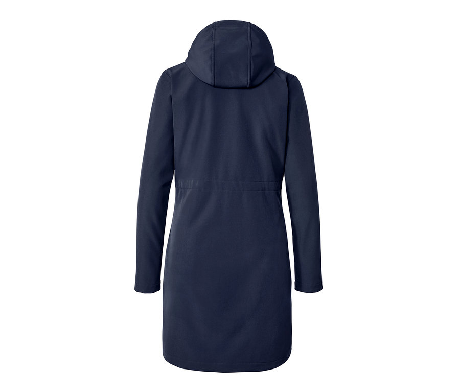 Zadní pohled na softshellový kabát v modrém denimu s kapucí.