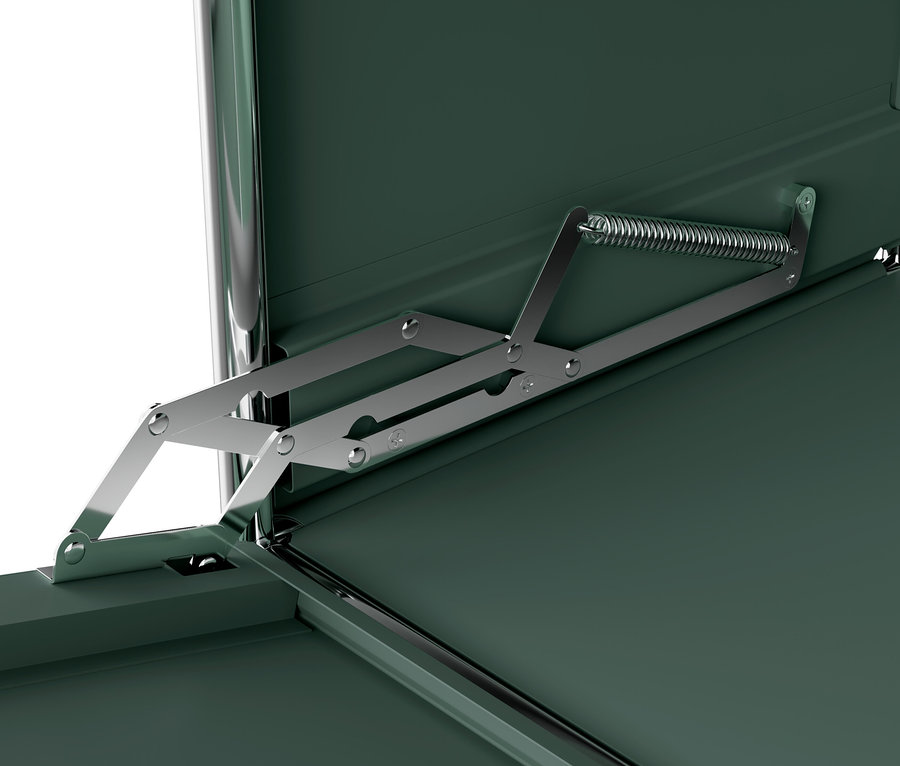 Detail mechanismu výklopných dvířek kovové komody »CN3«.