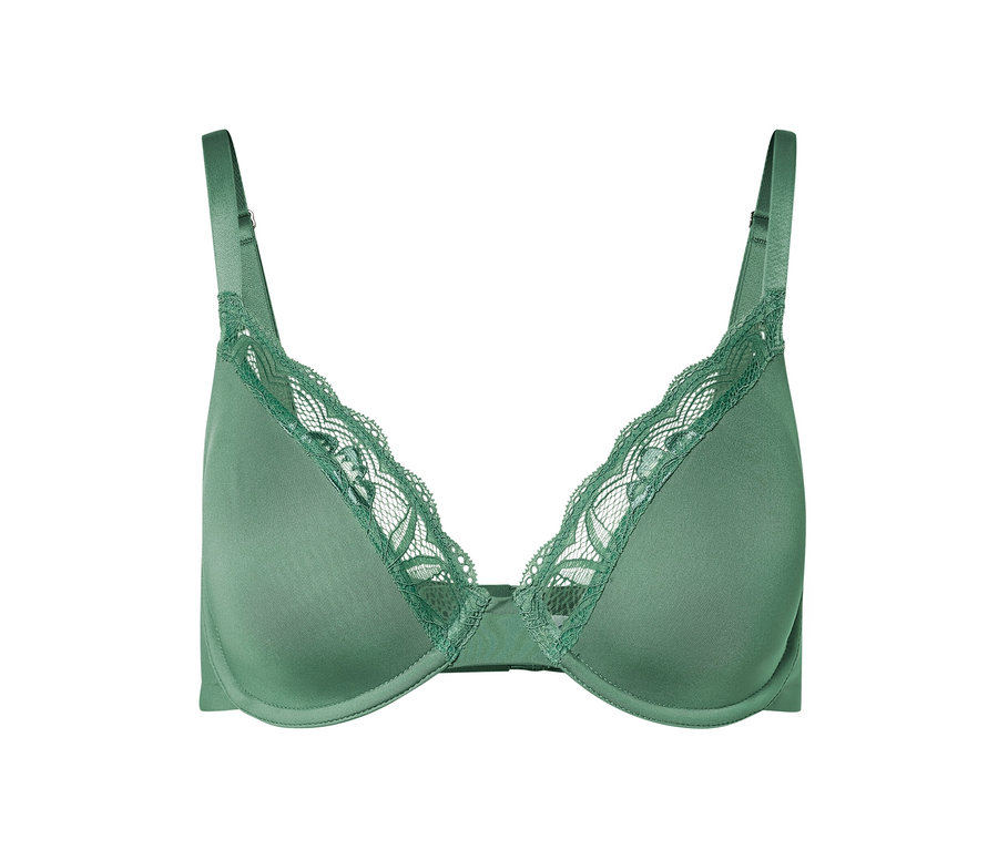 Zelená podprsenka s kosticemi s krajkovým lemováním.